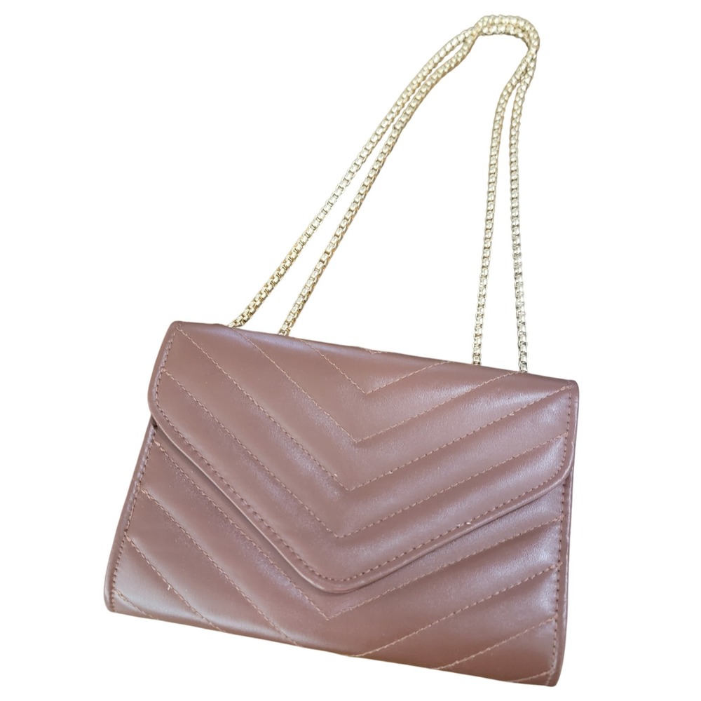 Mauve Pink Quilted Chevron‎ Crossbody Bag Gold Chain Strap Faux Leather Envelope